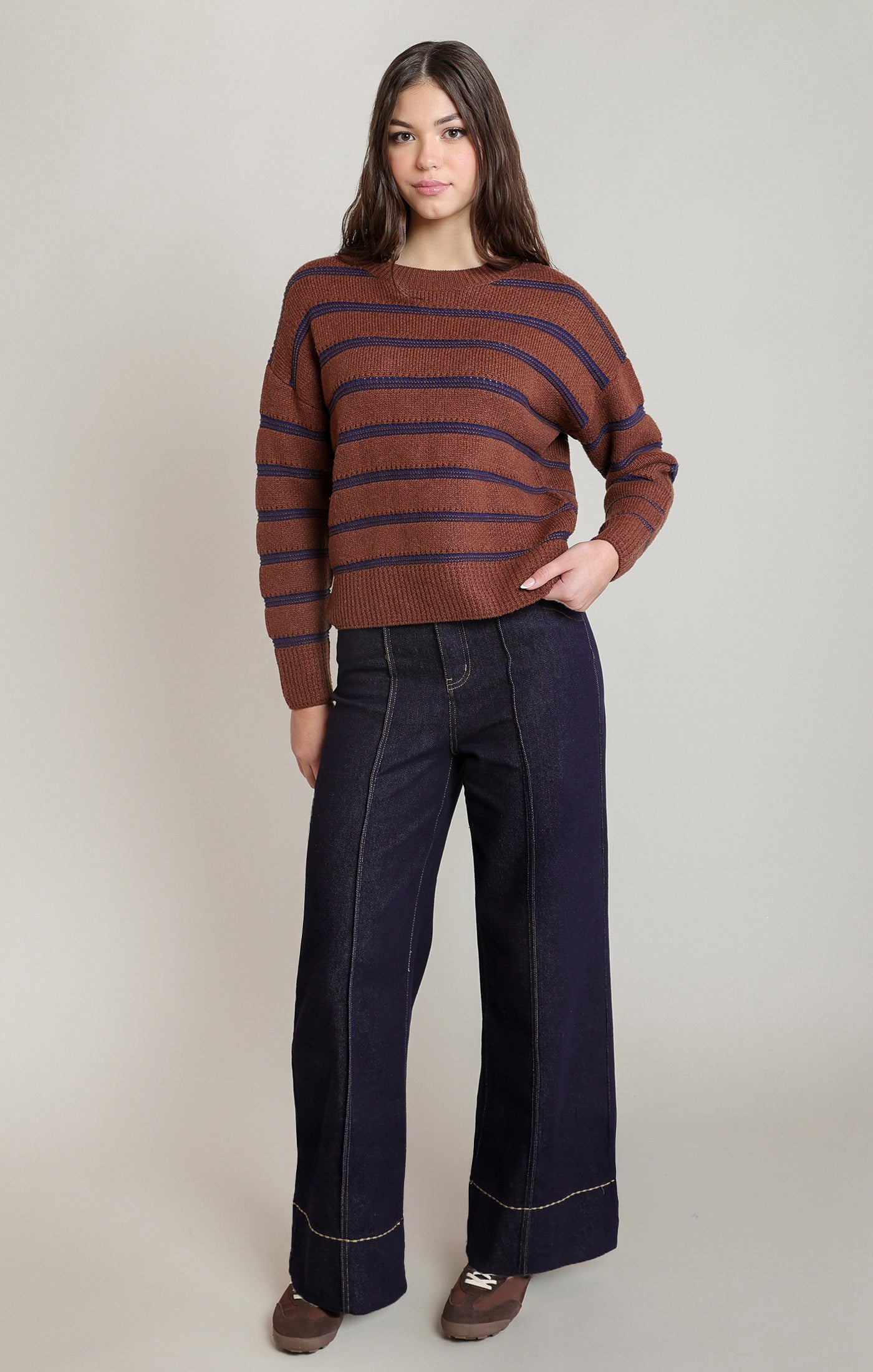 Rustic Brown & Navy Striped Crewneck Sweater | Soft Casual Women's Top