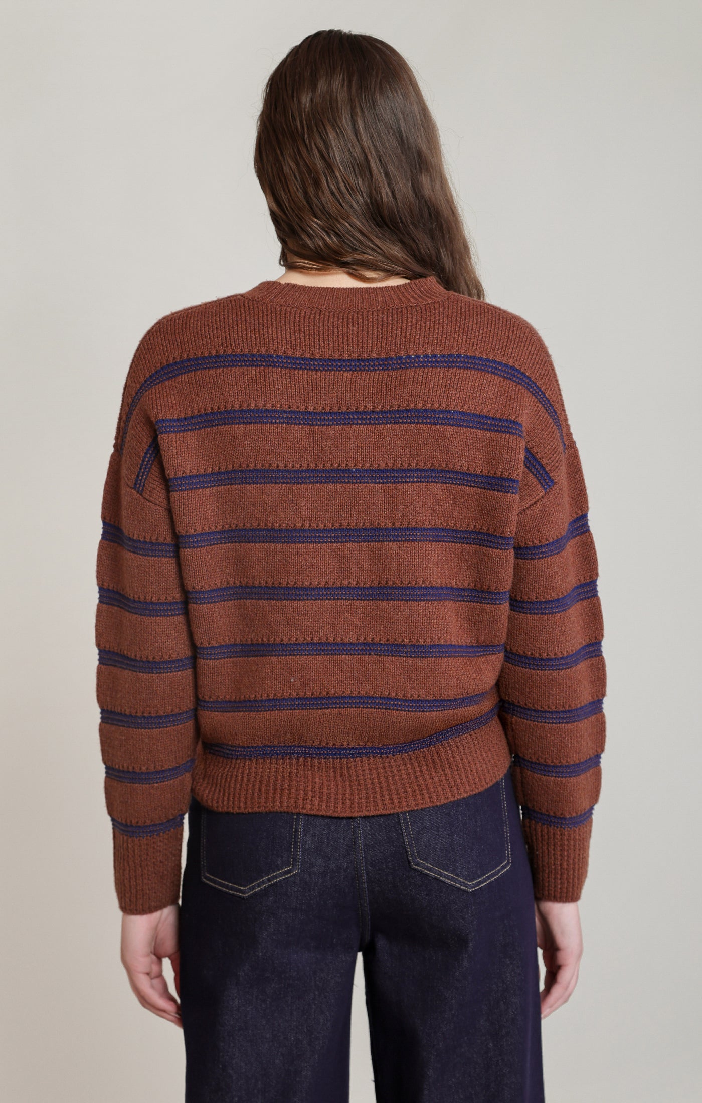 Rustic Brown & Navy Striped Crewneck Sweater | Soft Casual Women's Top