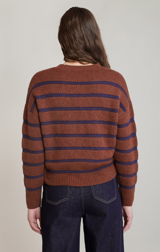 Rustic Brown & Navy Striped Crewneck Sweater | Soft Casual Women's Top