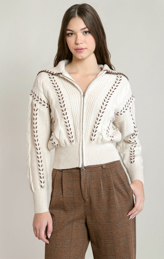 Oatmeal Cable Knit Zip-Up Cardigan | Brown Whipstitch Detail & Spread Collar