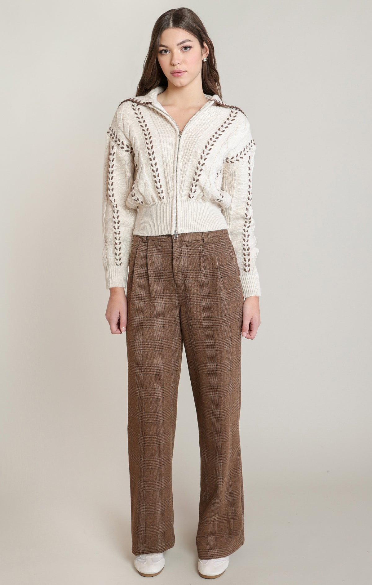 Oatmeal Cable Knit Zip-Up Cardigan | Brown Whipstitch Detail & Spread Collar