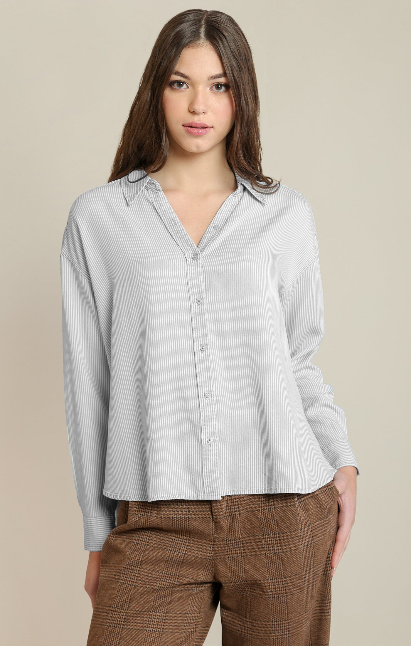 Taupe & White Striped Relaxed Button-Down Shirt | Cropped Hi-Low Hem