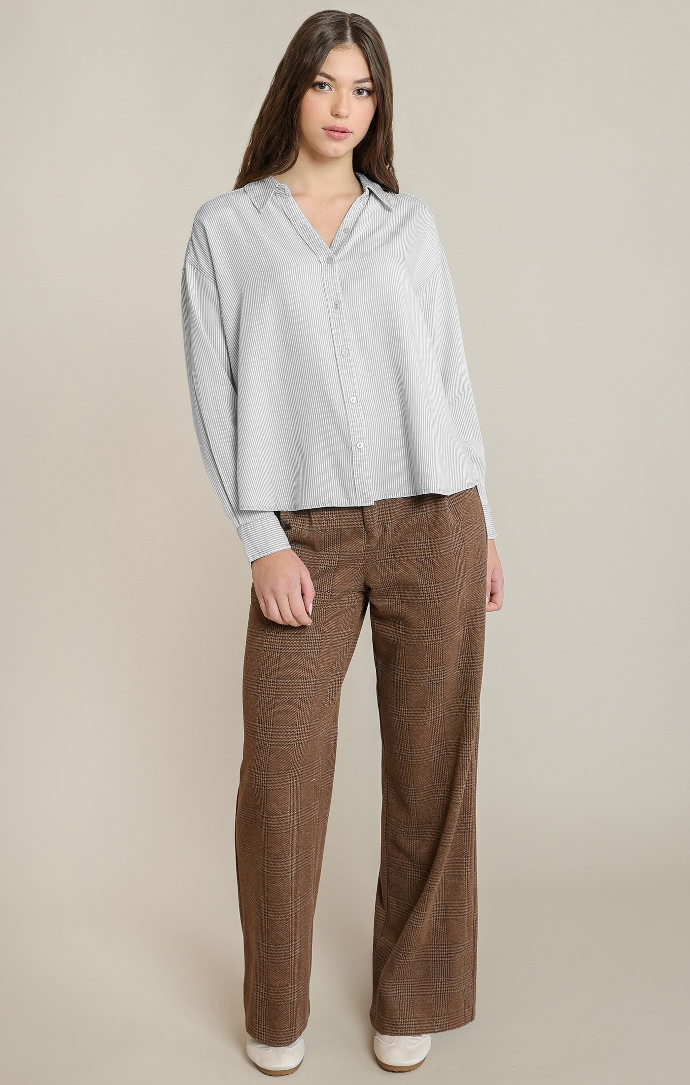 Taupe & White Striped Relaxed Button-Down Shirt | Cropped Hi-Low Hem