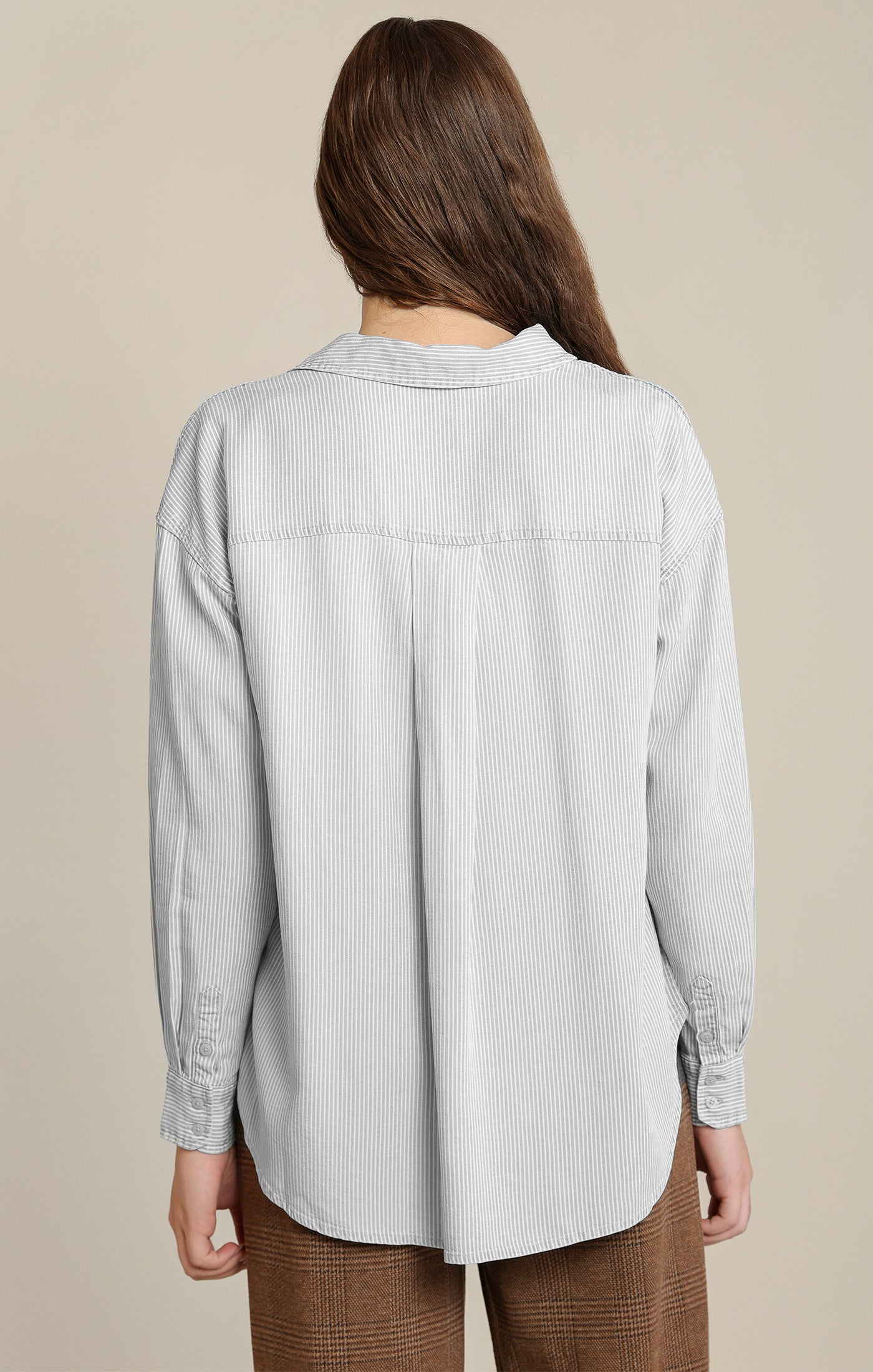 Taupe & White Striped Relaxed Button-Down Shirt | Cropped Hi-Low Hem
