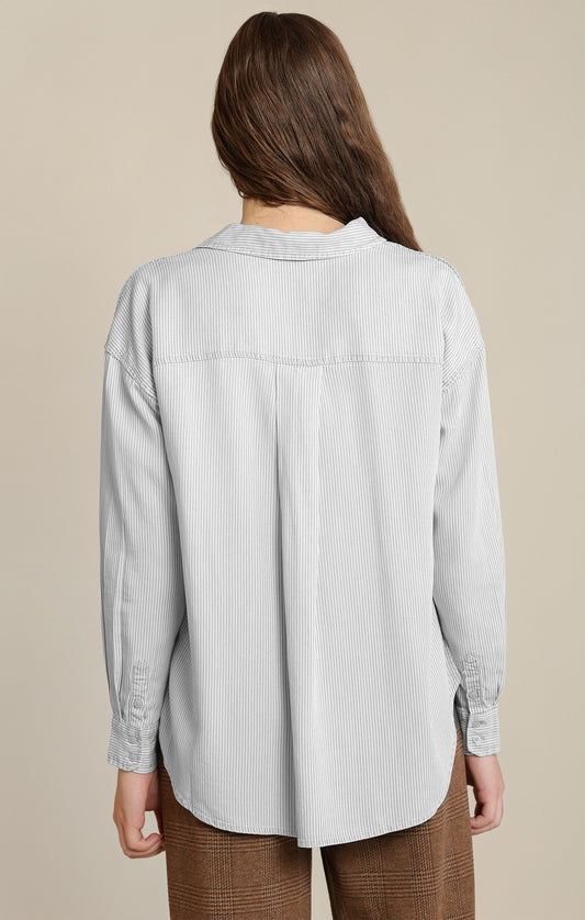 Taupe & White Striped Relaxed Button-Down Shirt | Cropped Hi-Low Hem