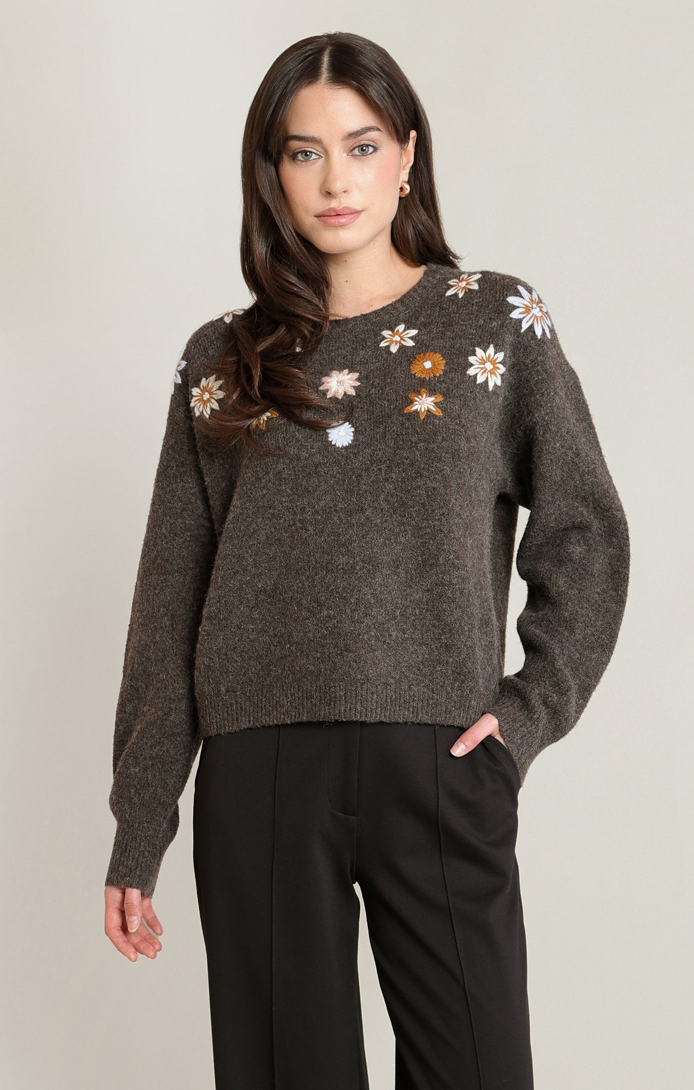 Espresso Heather Embroidered Flower Sweater | Cozy Women's Fall Sweater