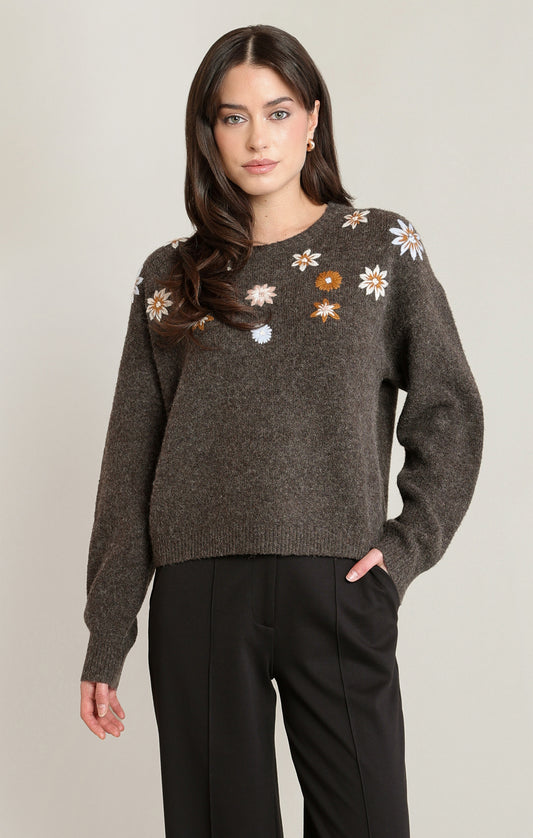 Espresso Heather Embroidered Flower Sweater | Cozy Women's Fall Sweater