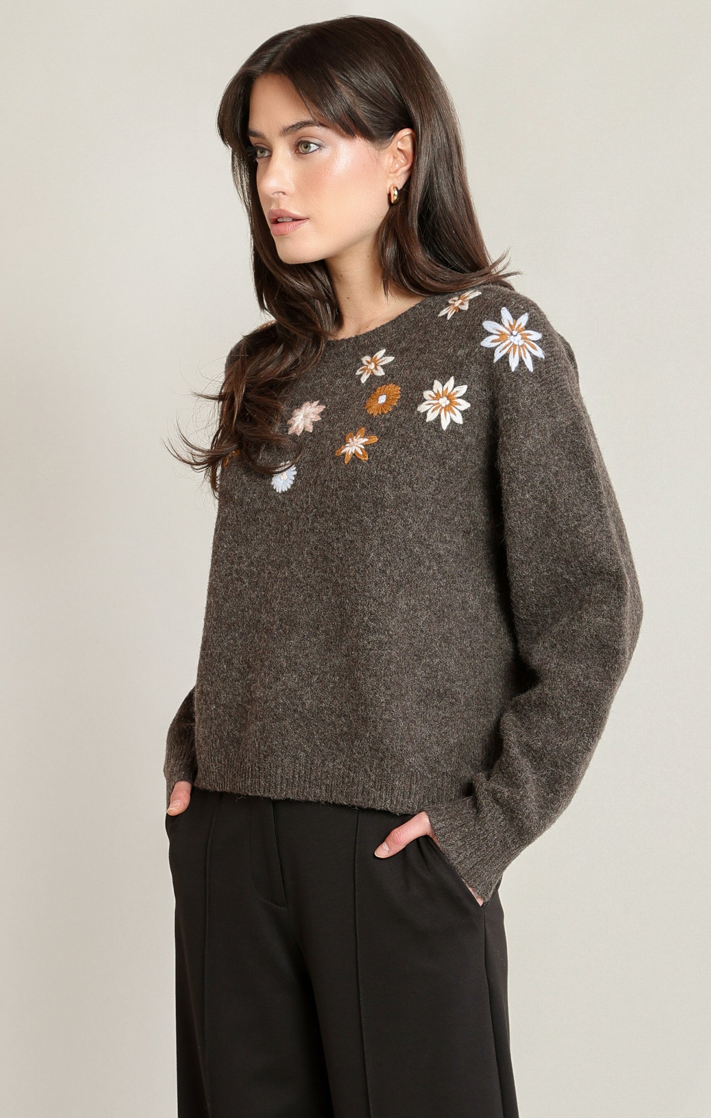 Espresso Heather Embroidered Flower Sweater | Cozy Women's Fall Sweater