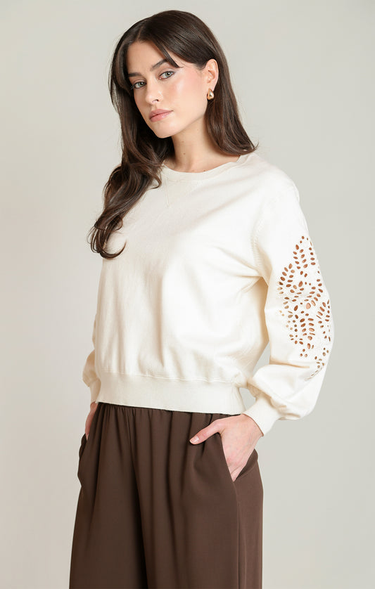 Embroidered Eyelet Cutout Soft Sweatshirt