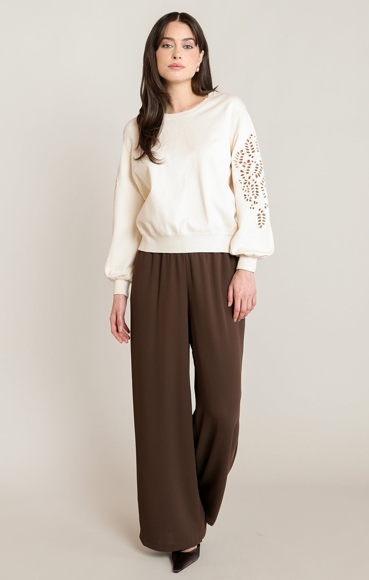 Embroidered Eyelet Cutout Soft Sweatshirt