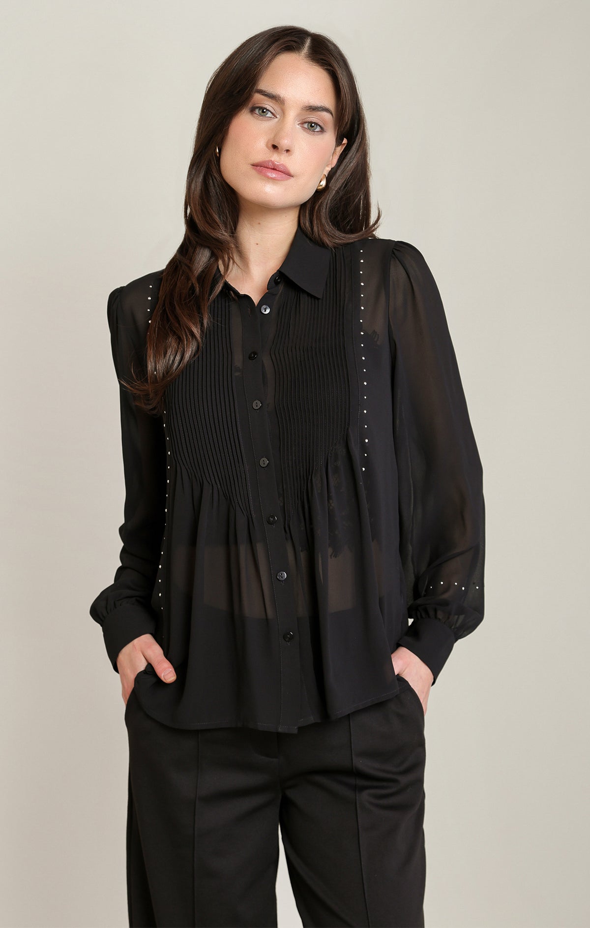 Women’s Black Semi-Sheer Studded Peplum Blouse