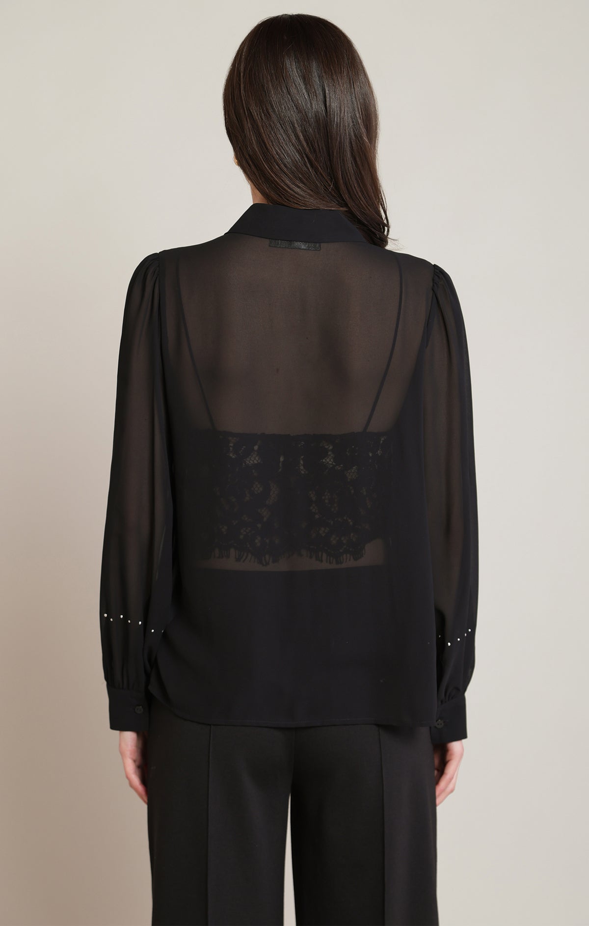 Women’s Black Semi-Sheer Studded Peplum Blouse