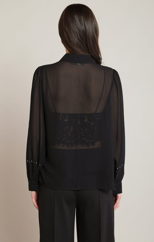 Women’s Black Semi-Sheer Studded Peplum Blouse