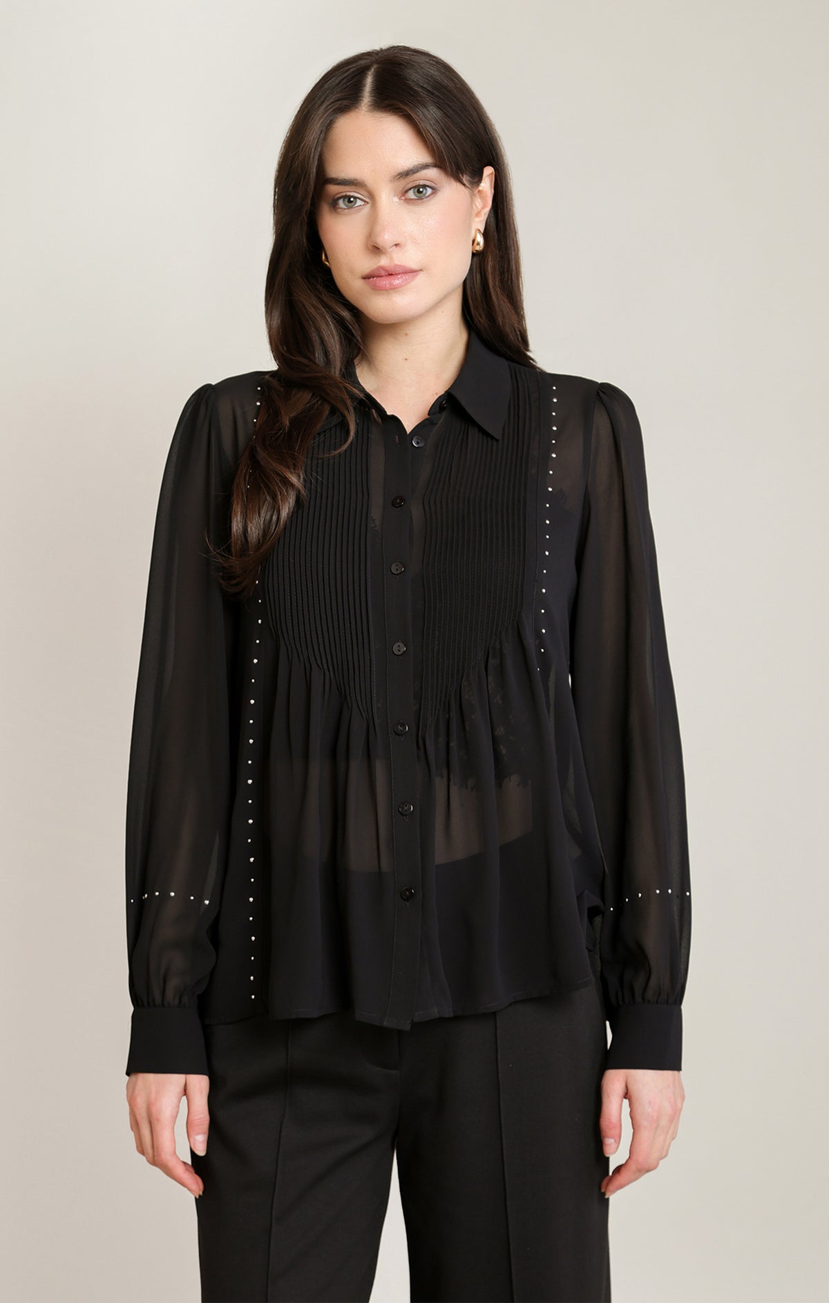 Women’s Black Semi-Sheer Studded Peplum Blouse
