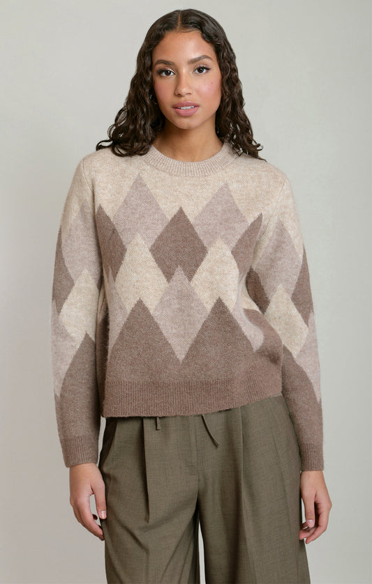 Women’s Soft Argyle Sweater – Oatmeal & Brown