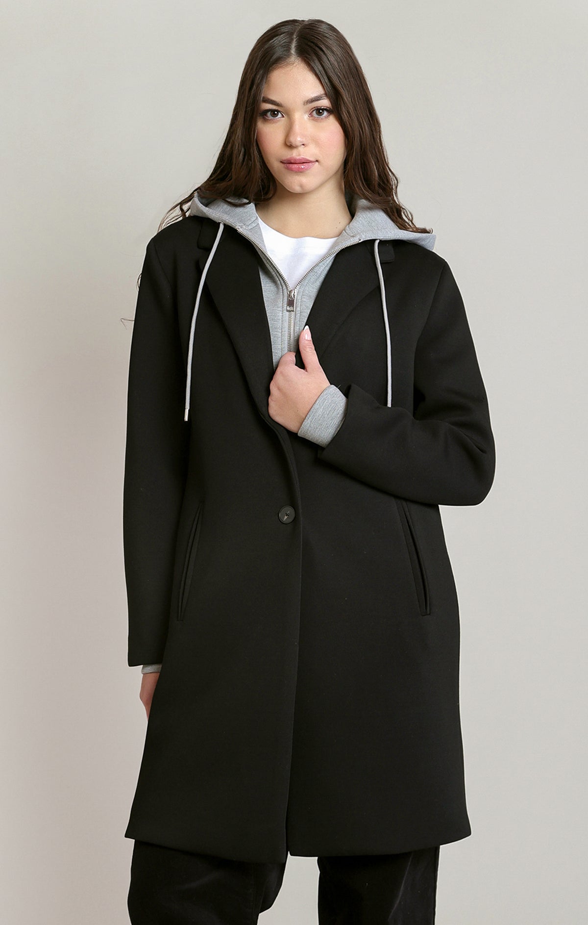Women’s Black Longline Coat with Grey Hoodie Detail