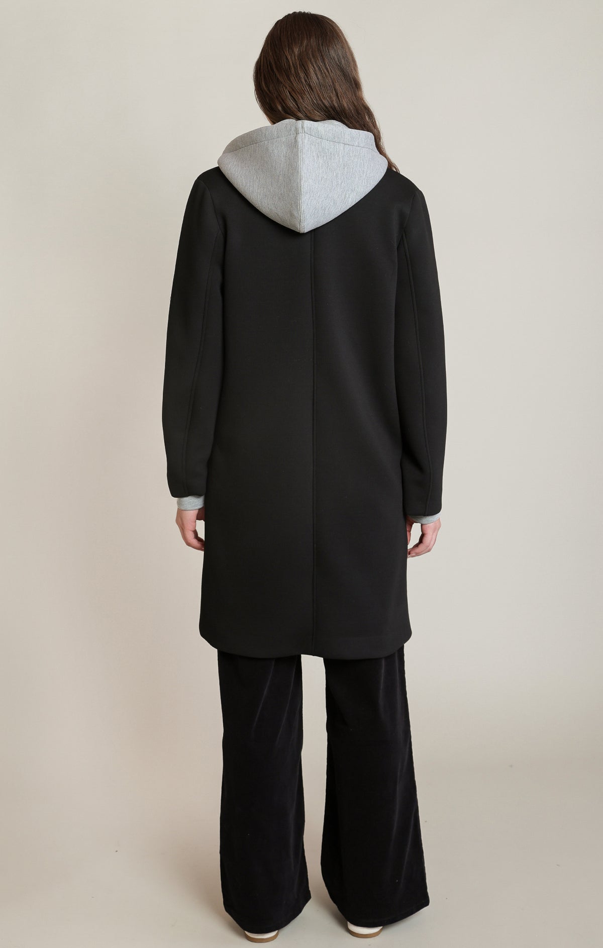 Women’s Black Longline Coat with Grey Hoodie Detail