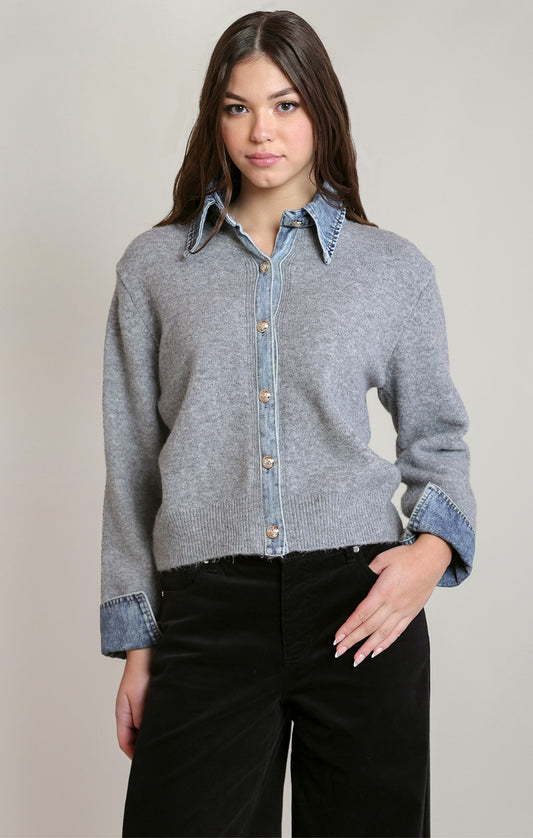 Grey Denim Trim Sweater Shirt | Layered-Look Sweater