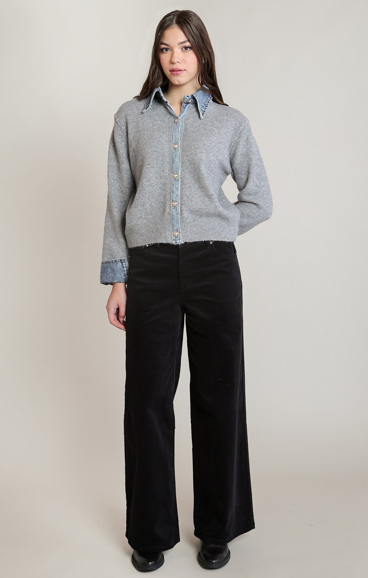 Grey Denim Trim Sweater Shirt | Layered-Look Sweater