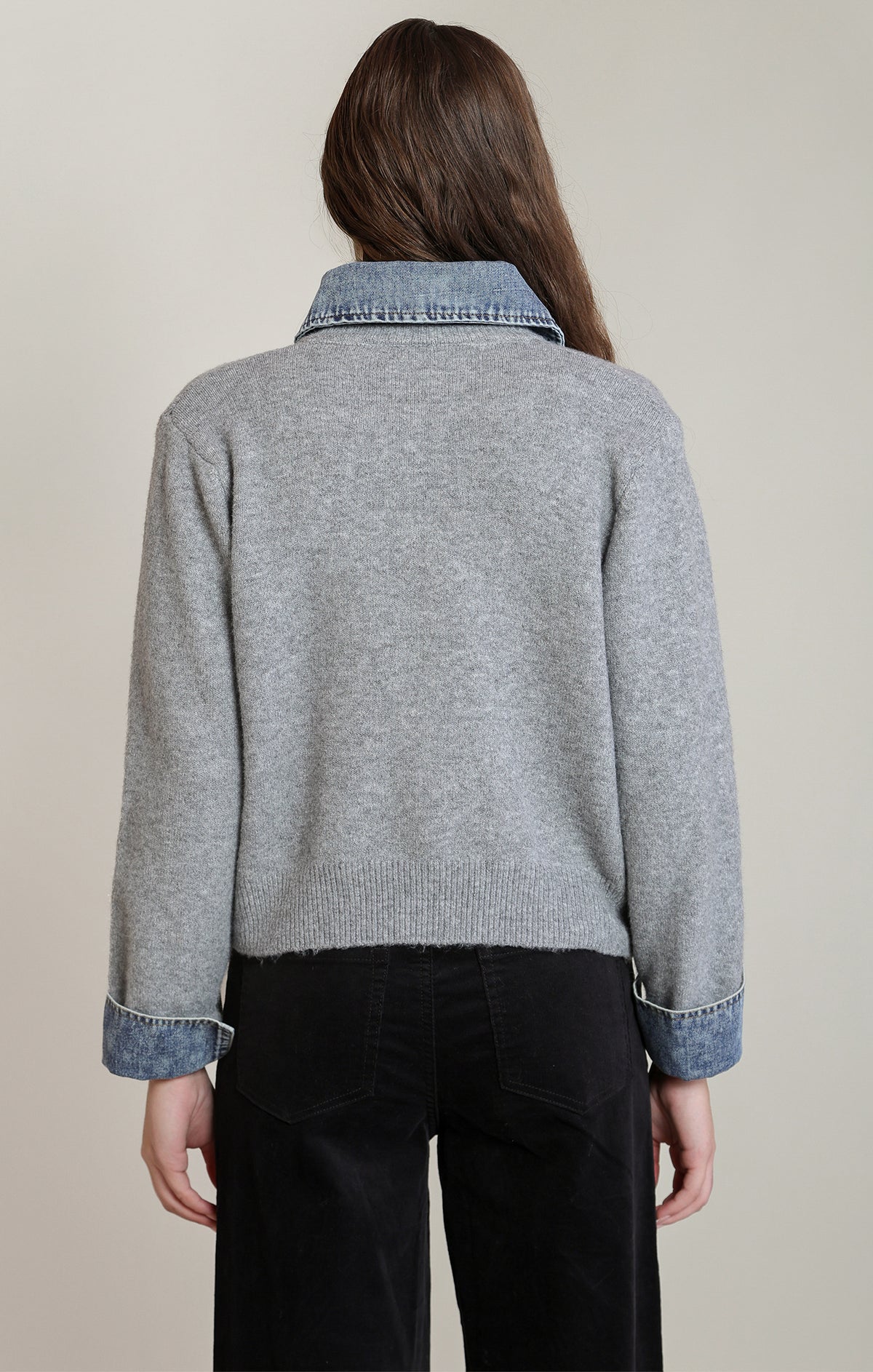Grey Denim Trim Sweater Shirt | Layered-Look Sweater