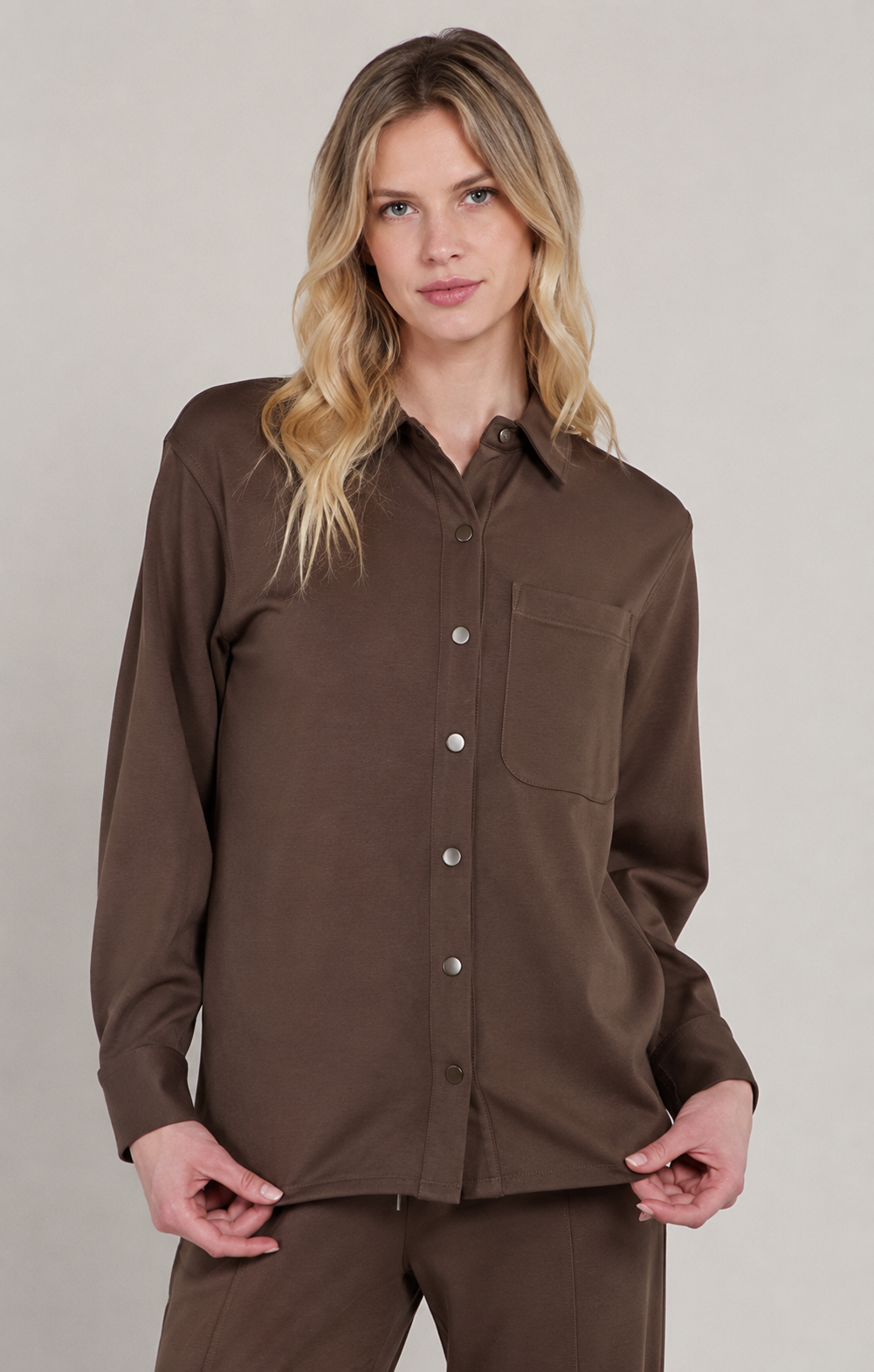 Milk Chocolate Scuba Collared Button-Up Shirt | Women's Long Sleeve Top