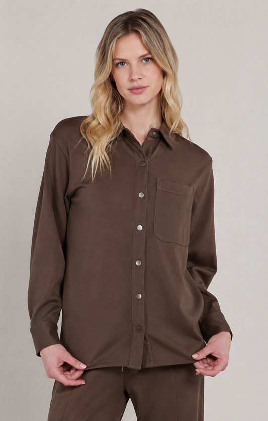 Milk Chocolate Scuba Collared Button-Up Shirt | Women's Long Sleeve Top