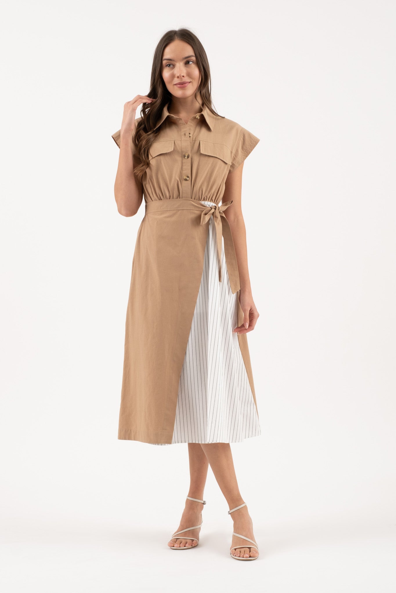 Mixed Media Button Down Tie Waist Dress