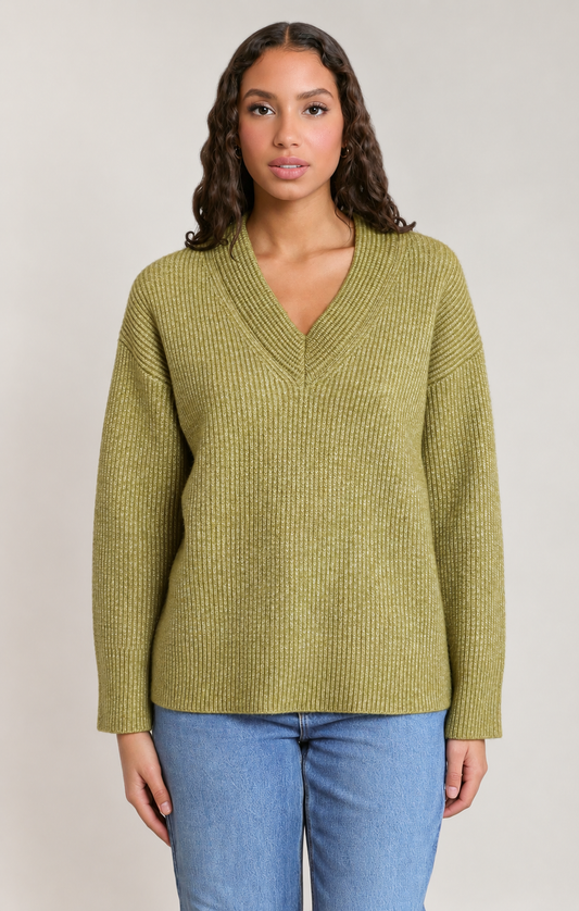 Olive Green Ribbed Knit V-Neck Relaxed Sweater