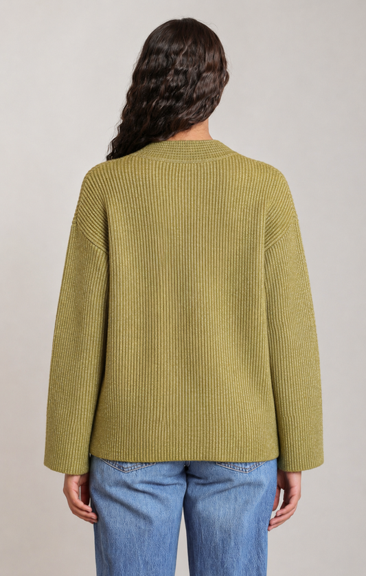 Olive Green Ribbed Knit V-Neck Relaxed Sweater