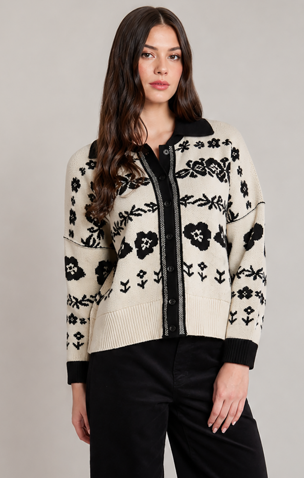 Women’s Cream & Black Floral Button-Front Cardigan