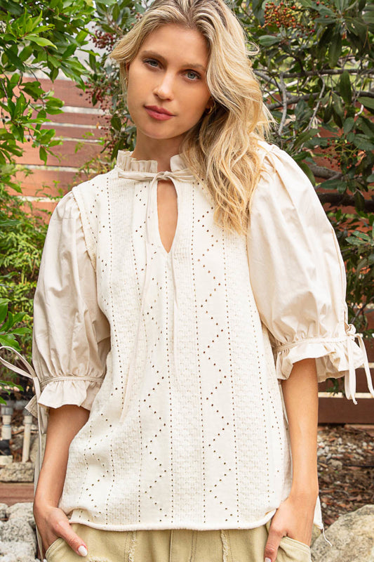 Tie Accent Puff Sleeves Top