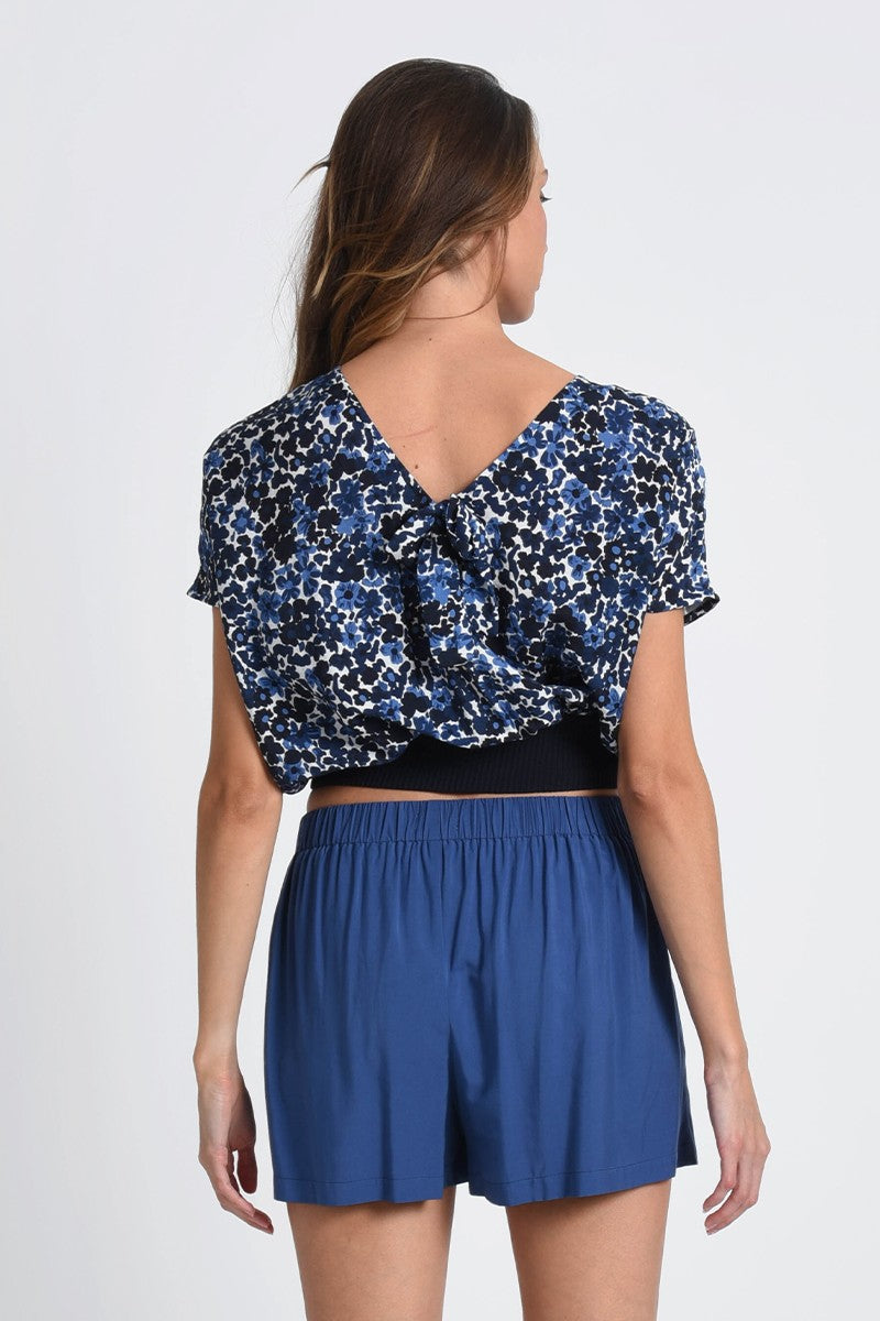 Blue Floral V Back Top