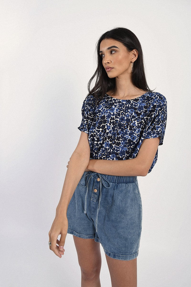 Blue Floral V Back Top