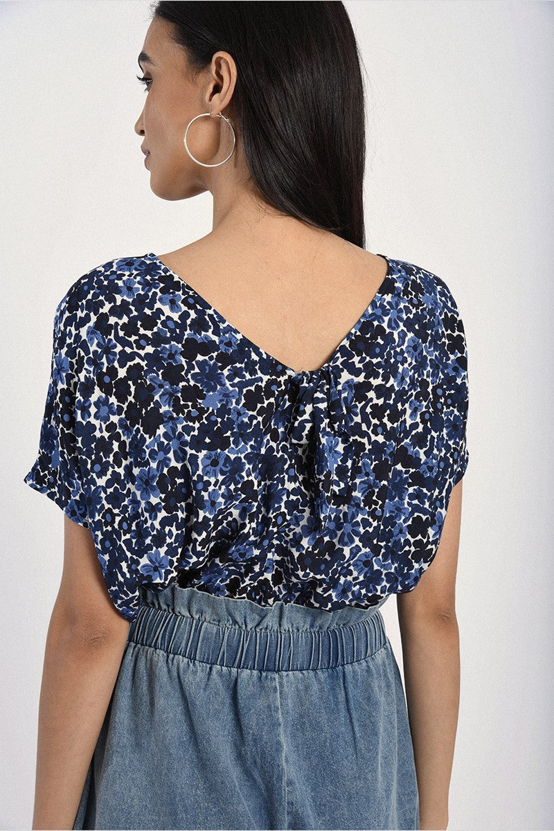 Blue Floral V Back Top