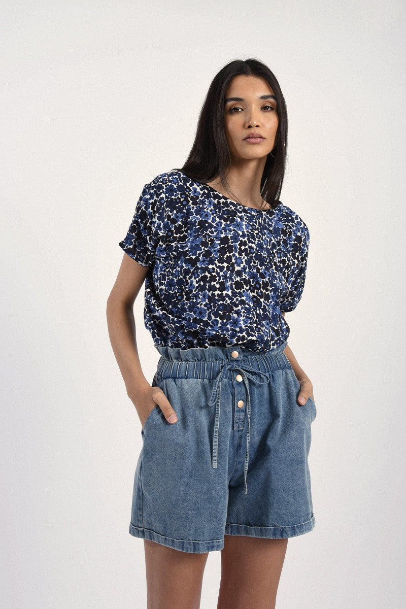 Blue Floral V Back Top
